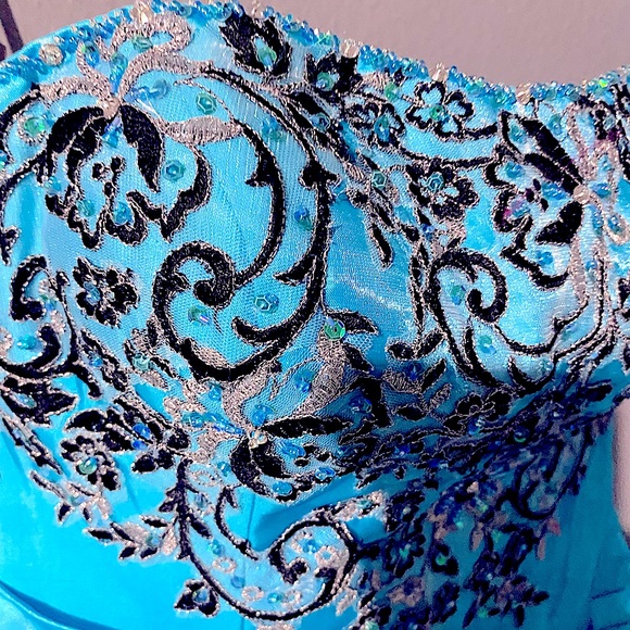 Strapless Ocean blue with Black Embroidery BALL GOWN - Picture 3 of 10